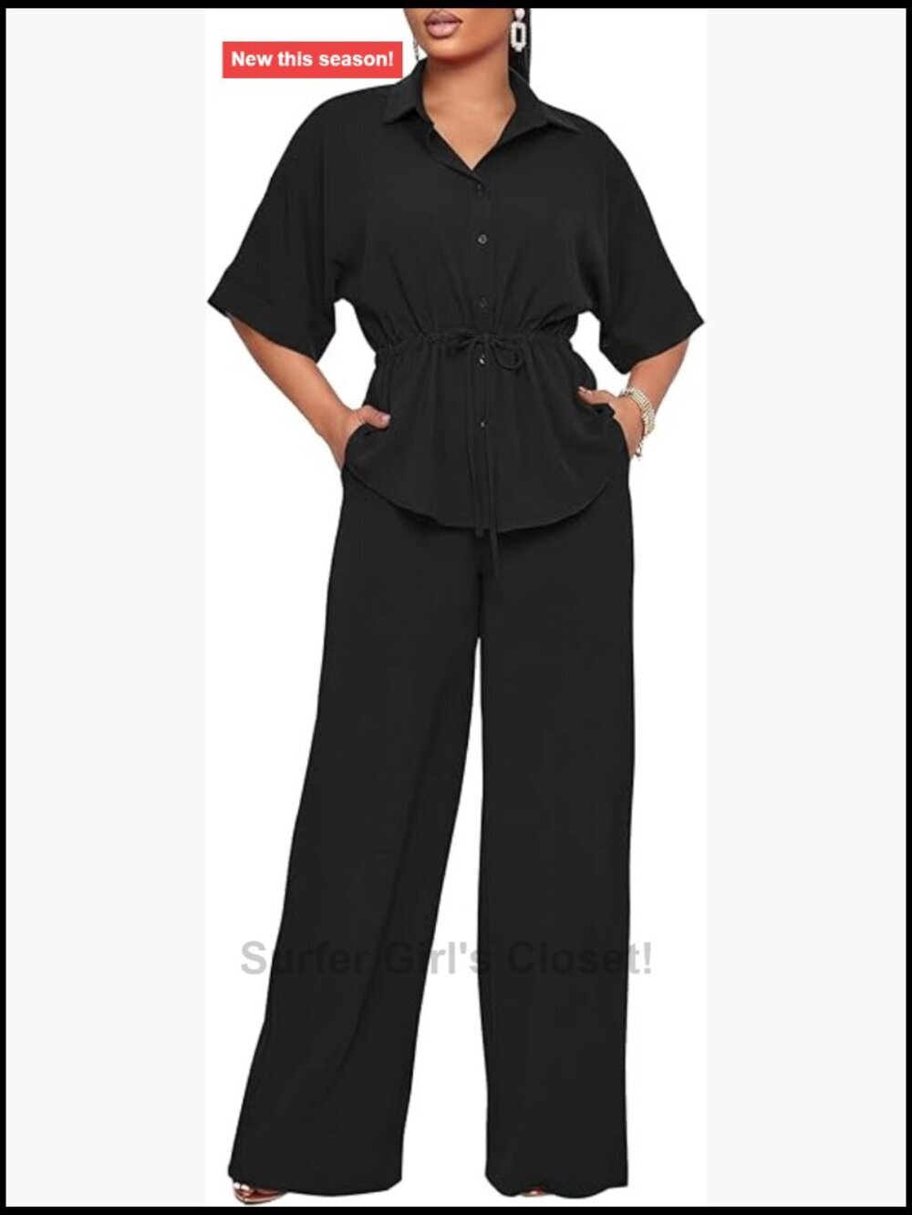 Dressy Two Piece Pant Suit Set with Button Down Top Flared Pants